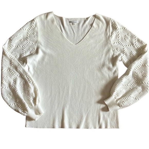 Vila Milano Sweaters - MILANO WINTER WHITE WOMENS VNECK SHABBY CHIC SWEATER DETAILED CHUNKY SLEEVES LG